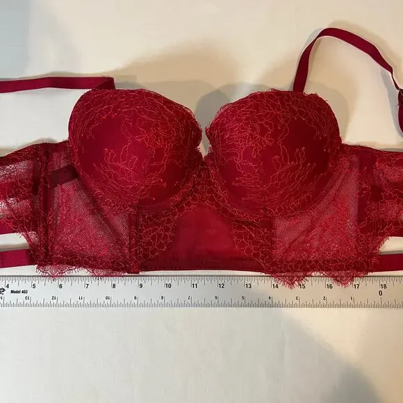 Victoria’s Secret Balconette Bra 32C Strappy Red Lace Long Line Corset Push Up - Picture 10 of 11